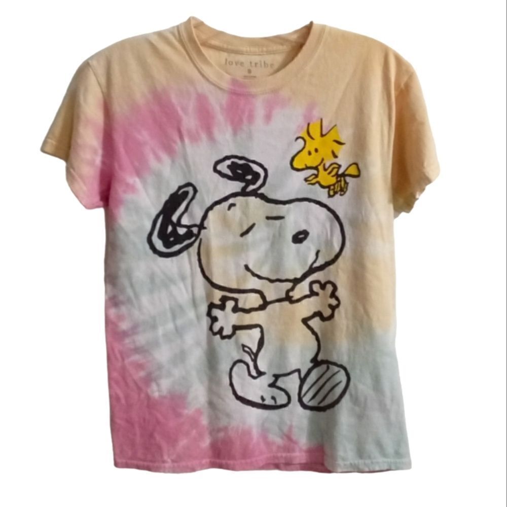 Love Tribe Snoopy and Woodstock Short Sleeve Tee Shirt Youth Size S Tie Dye